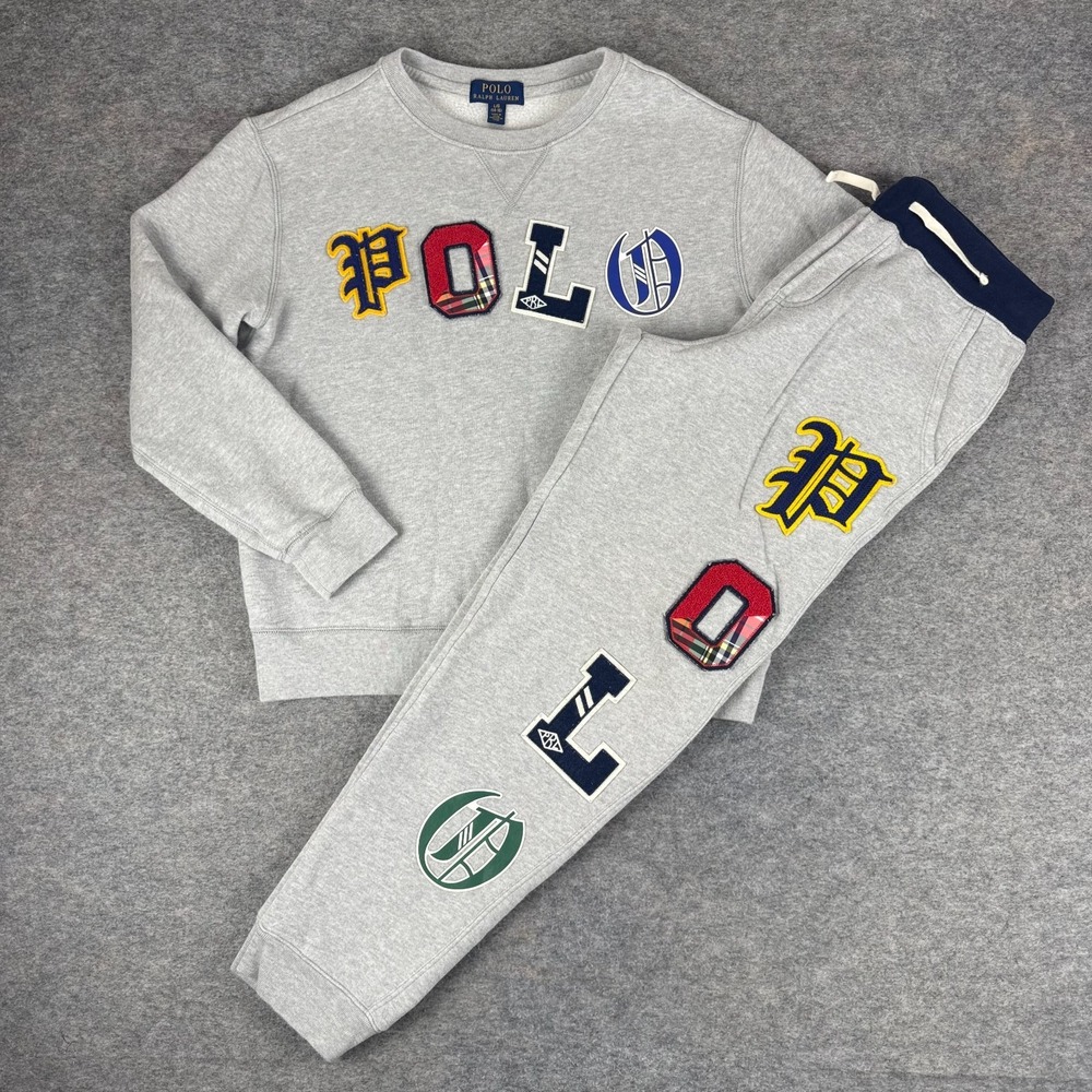 Polo Ralph Lauren Appliqué Patchwork Logo Fleece Sweat Suit Boys Large L 14/16